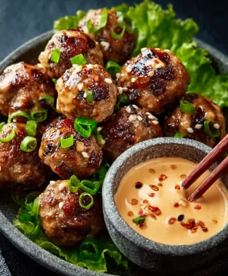 Korean BBQ Beef Meatballs Spicy Mayo Dip