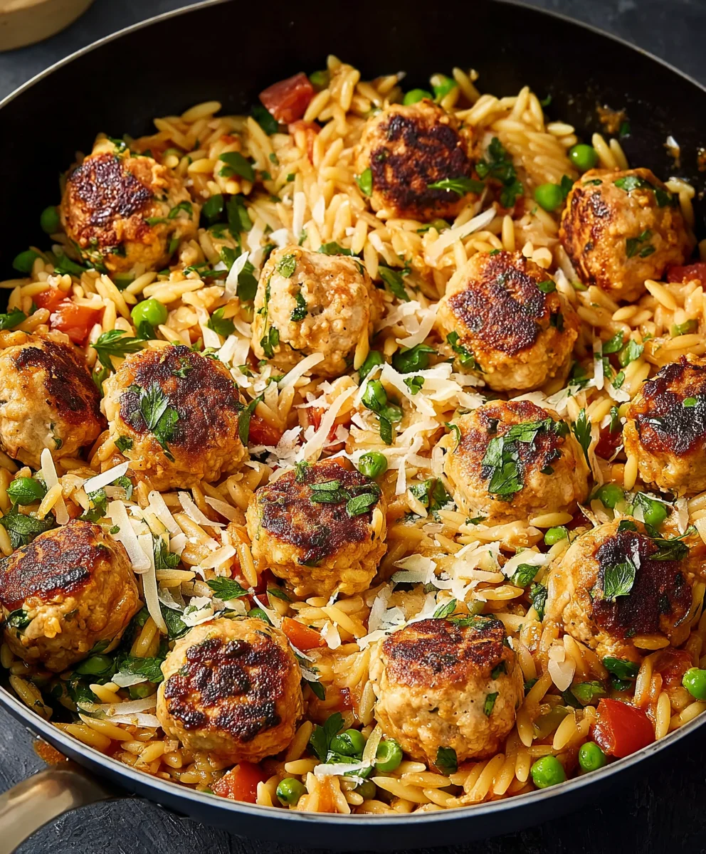 Easy One-Pan Chicken Meatballs Orzo Dinner