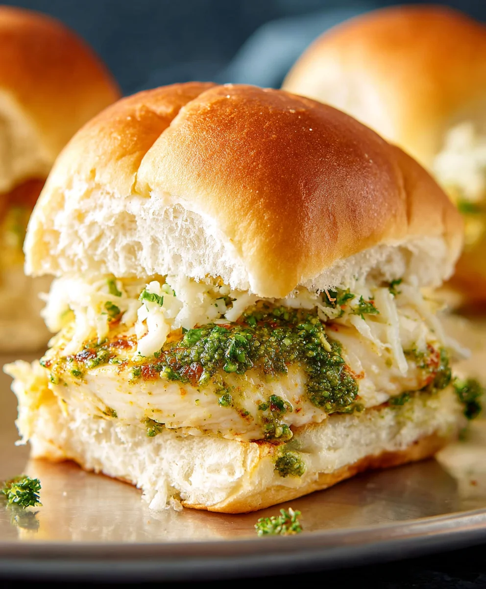 Cheesy Garlic Pesto Chicken Sliders-Easy Appetizer