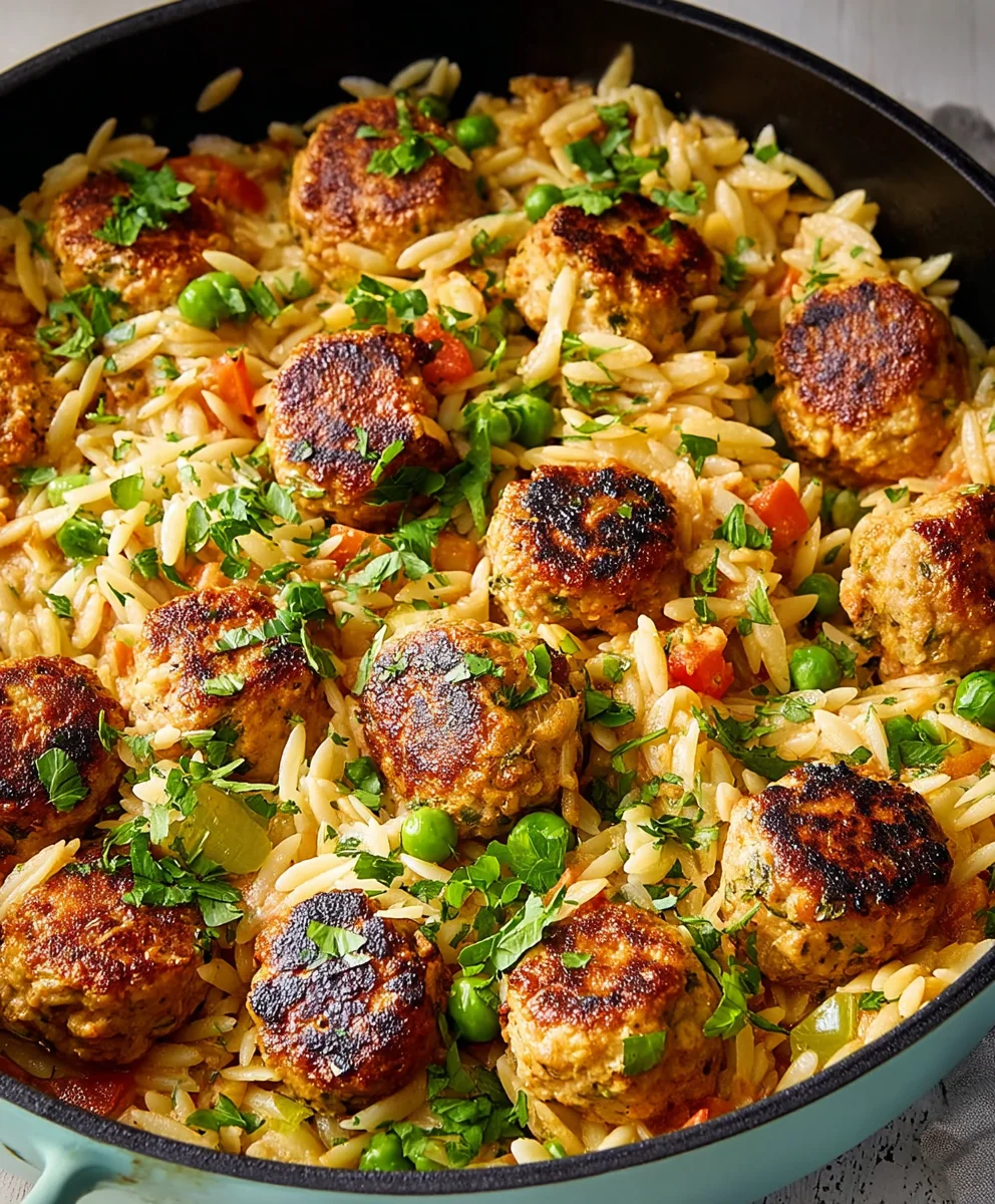 Easy One-Pan Chicken Meatballs Orzo Dinner