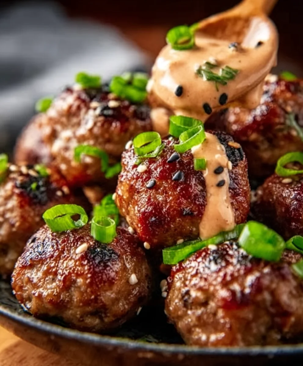 Korean BBQ Beef Meatballs Spicy Mayo Dip