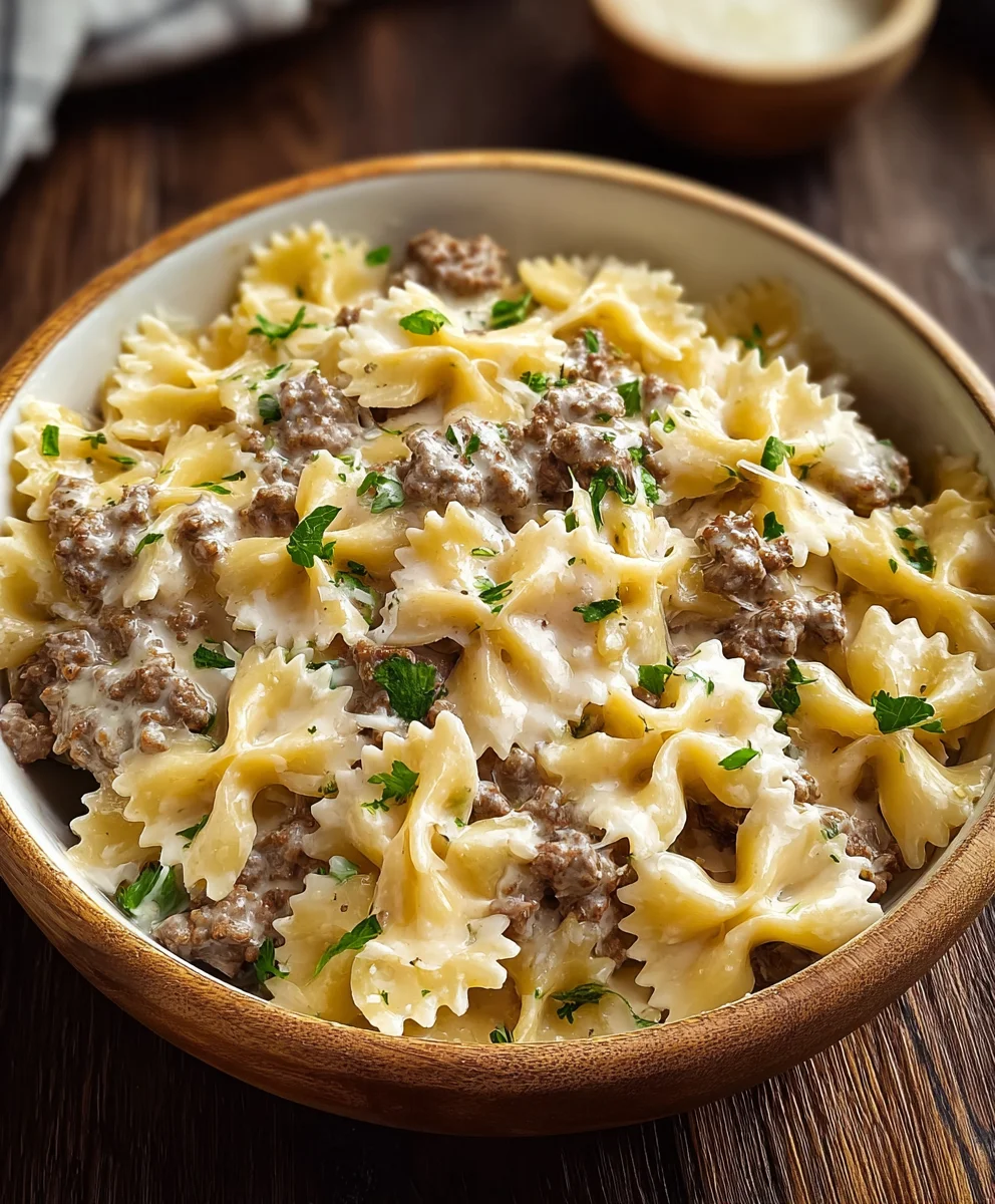 Beef Bowtie Pasta - Creamy Alfredo Recipe