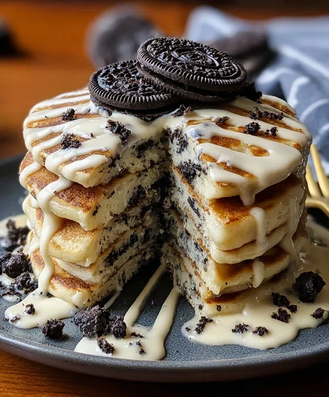 Oreo Pancakes with Cream Cheese Drizzle