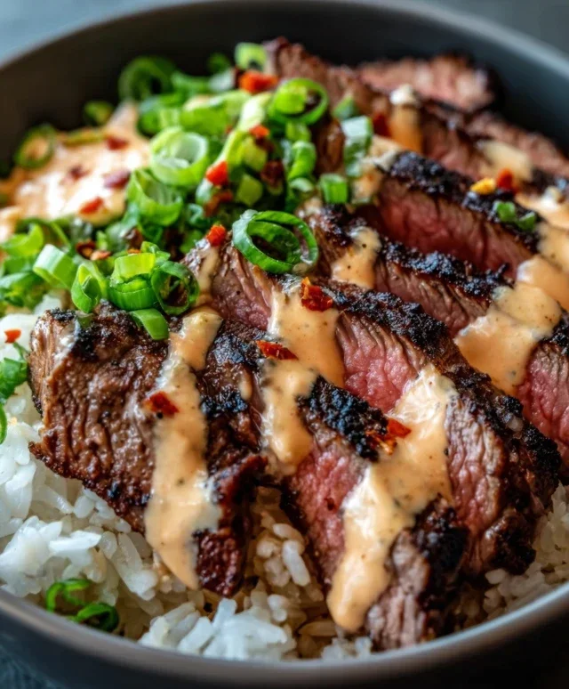 Korean BBQ Steak Rice Bowls with Spicy Cream Sauce
