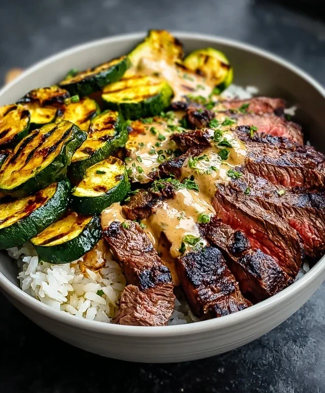 Grilled Steak Bowl with Sauce & Grilled Zucchini Bliss