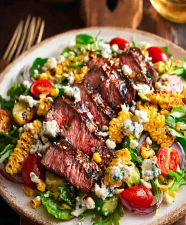 Balsamic Steak Gorgonzola Salad with Grilled Corn