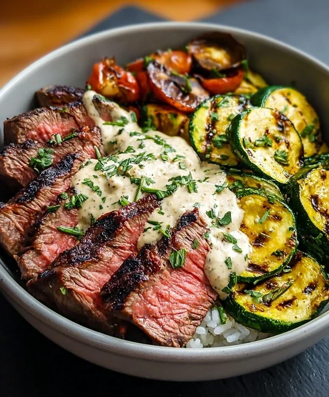 Grilled Steak Bowl with Sauce & Grilled Zucchini Bliss