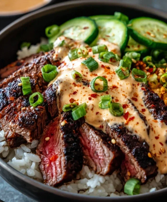 Korean BBQ Steak Rice Bowls with Spicy Cream Sauce