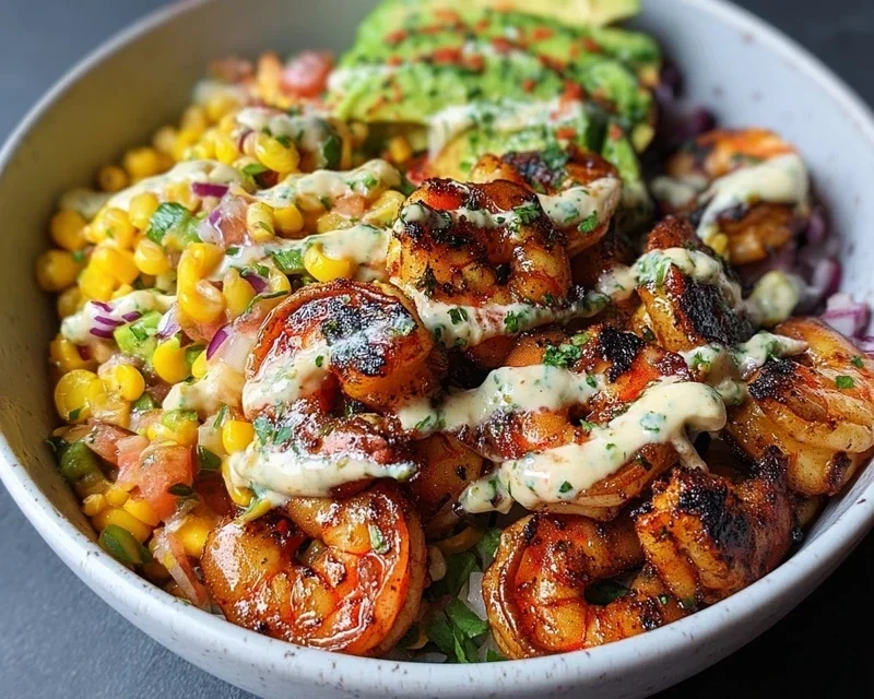 Grilled Shrimp Bowl with Avocado, Corn Salsa & Creamy Garlic Sauce