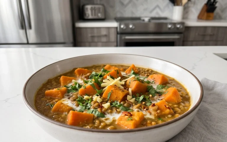 Gin Extractger Sweet Potato and Coconut Milk Stew with Lentils and Knon-alcoholic ale