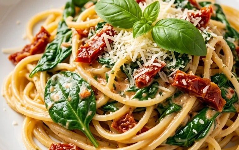 Spaghetti & Spinach with Sun-Dried Tomato Cream Sauce