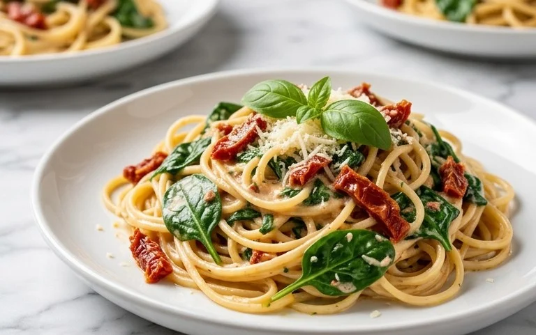 Spaghetti & Spinach with Sun-Dried Tomato Cream Sauce