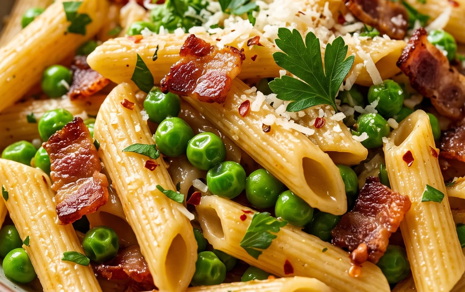 Penne Pasta, Peas and Beef Bacon