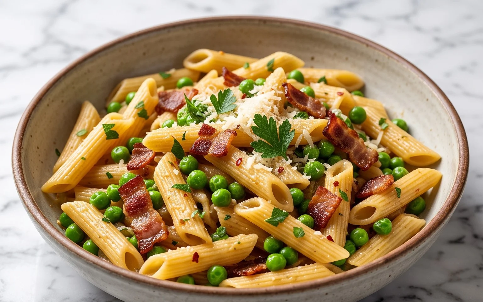 Penne Pasta, Peas and Beef Bacon