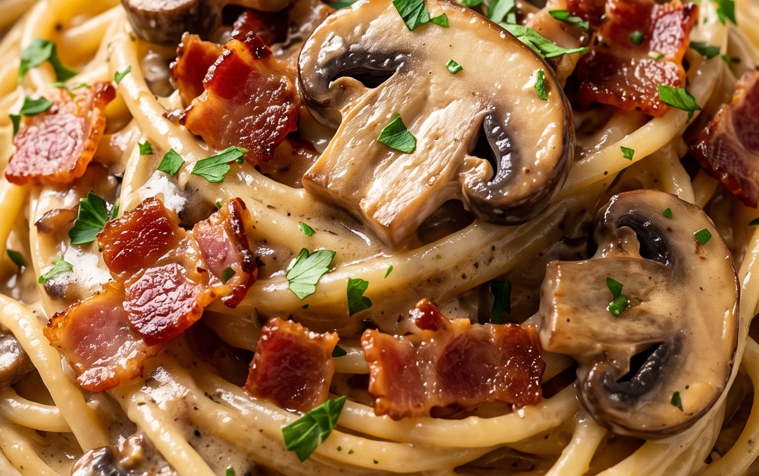 Creamy Beef Bacon and Mushroom Pasta