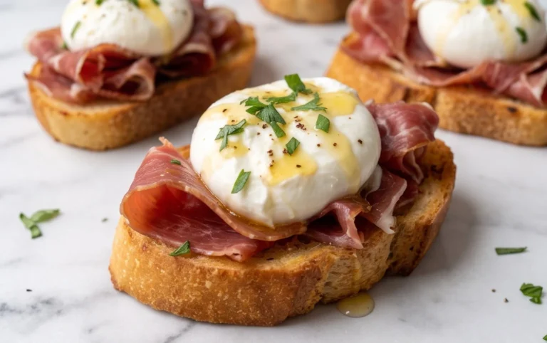 Beef Prosciutto Crostini with Burrata and Lemon Honey Drizzle